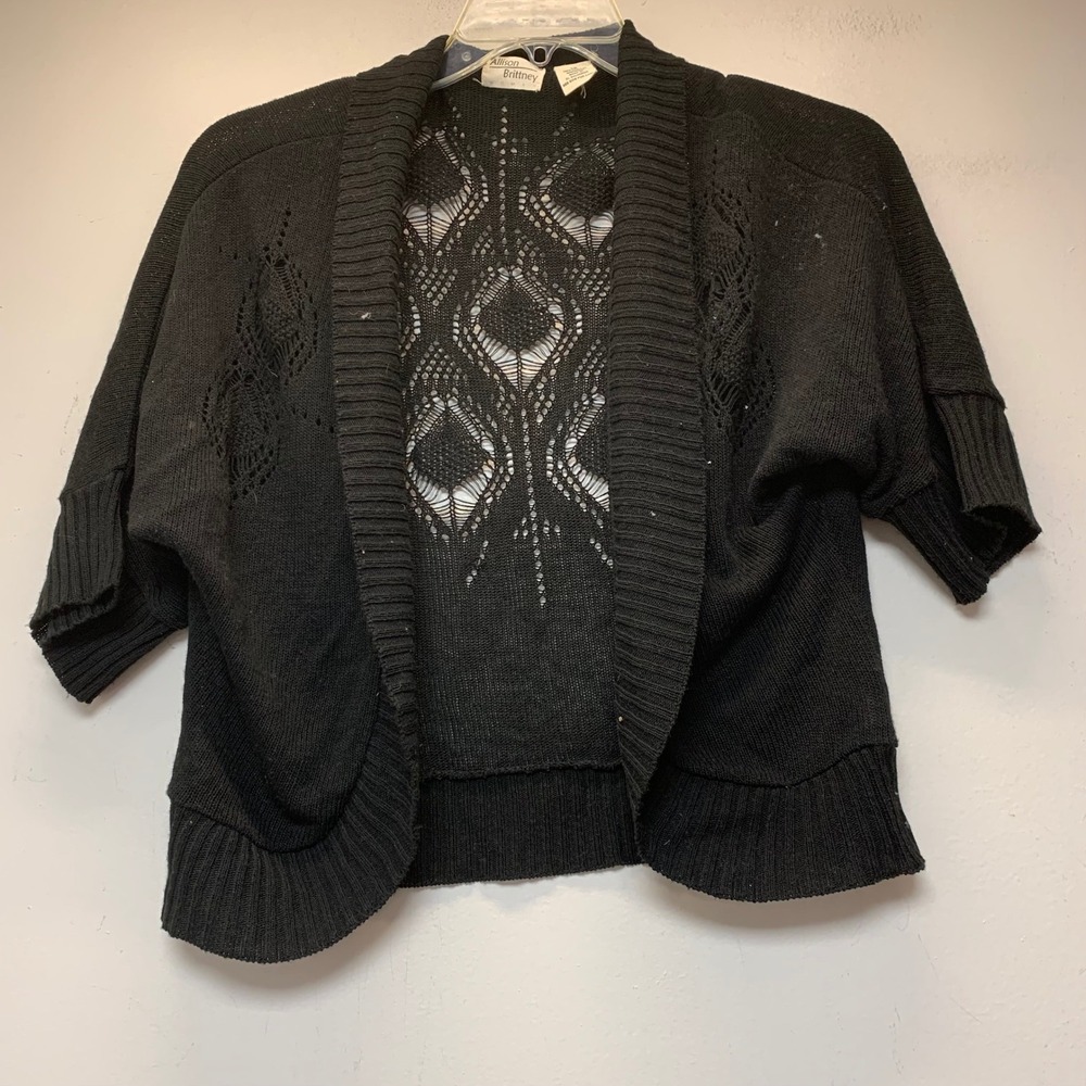 Allison Brittney Cardigan Womens 1X Black Excellent Pointelle Crochet Dolman